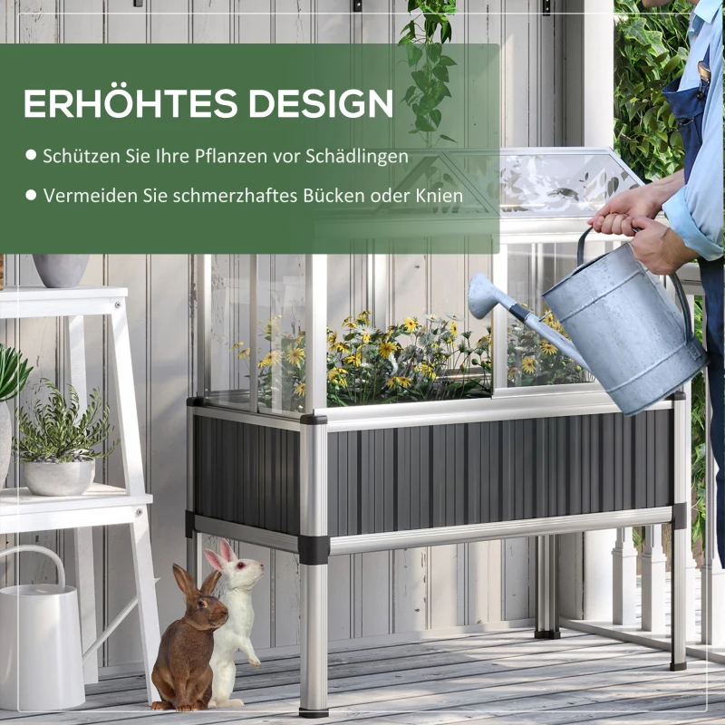 Outsunny verhoogd bed met serre, serre met raam, weerbestendige koelbox voor terras, achtertuin, balkon, donkergrijs, verzinkt staal, 114 x 60 x 129 cm