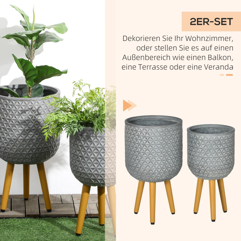 Outsunny plantenpotten set van 2, plantenpotten met verwijderbare voeten, gaten grijs