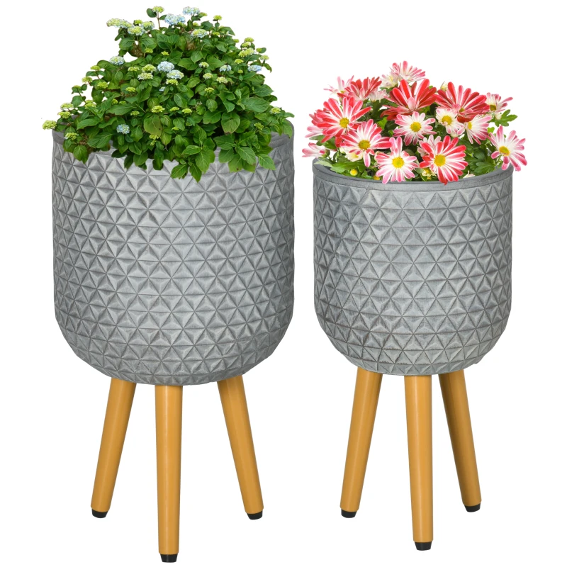 Outsunny plantenpotten set van 2, plantenpotten met verwijderbare voeten, gaten grijs
