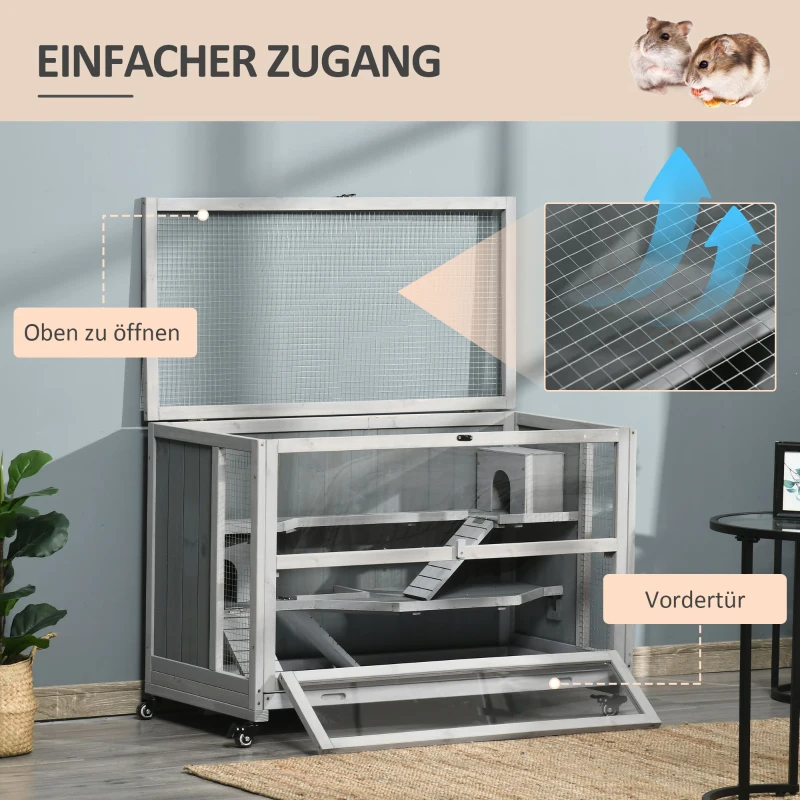 PawHut Kleintierkäfig auf 2 Ebenen mit Leitern u. Höhlen 99 cm x 50 cm x 69 cm Tannenholz Metall Glas Hellgrau