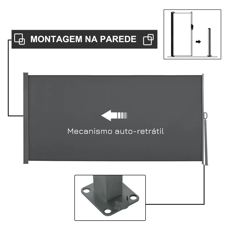 Outsunny Toldo Lateral Retrátil para Terraço Pátio ou Jardim Toldo de Privacidade para Exterior Dobrável 300x160 cm Cinza