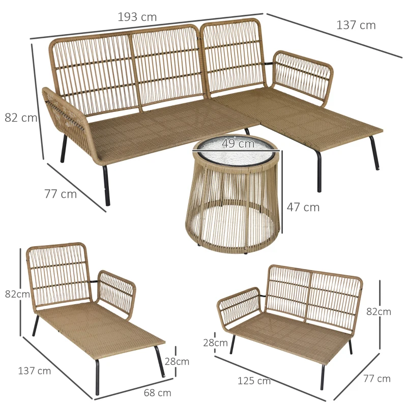 Outsunny Set da Giardino in Rattan Stile Boho Chic con Divano Angolare e e Tavolino, Crema e Caffè