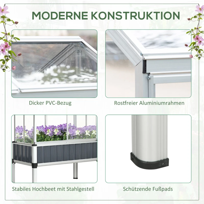 Outsunny verhoogd bed met serre, serre met raam, weerbestendige koelbox voor terras, achtertuin, balkon, donkergrijs, verzinkt staal, 114 x 60 x 129 cm
