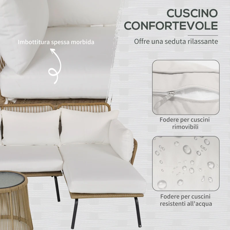 Outsunny Set da Giardino in Rattan Stile Boho Chic con Divano Angolare e e Tavolino, Crema e Caffè