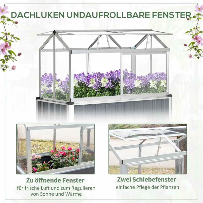 Outsunny verhoogd bed met serre, serre met raam, weerbestendige koelbox voor terras, achtertuin, balkon, donkergrijs, verzinkt staal, 114 x 60 x 129 cm