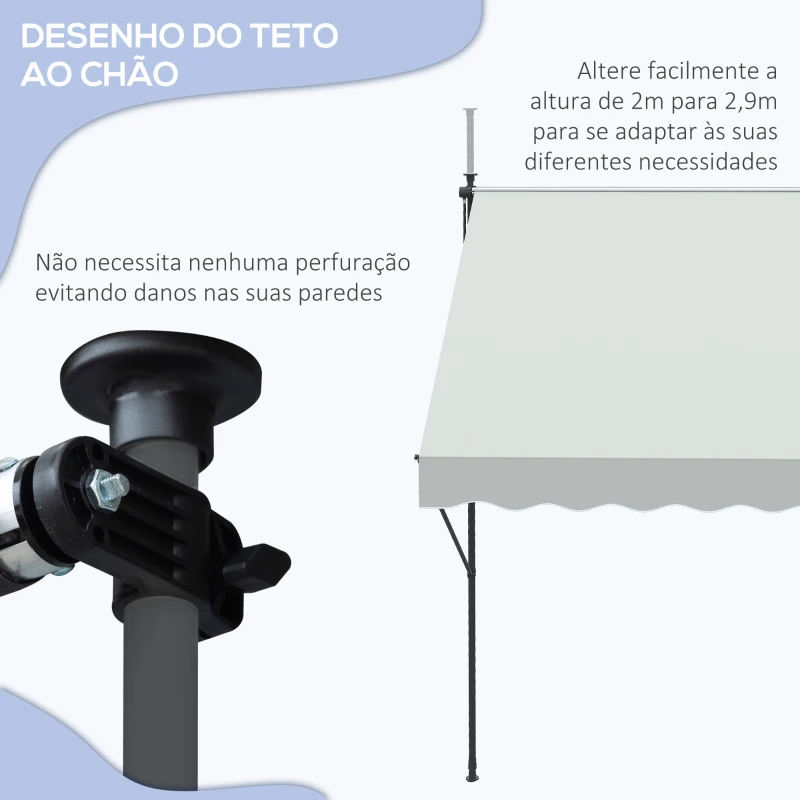 Outsunny Toldo Manual Retrátil Ajustável 300x170x200-290 cm com Manivela Proteção Solar UV40+ para Varanda Jardim Creme