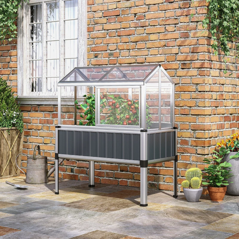 Outsunny verhoogd bed met serre, serre met raam, weerbestendige koelbox voor terras, achtertuin, balkon, donkergrijs, verzinkt staal, 114 x 60 x 129 cm