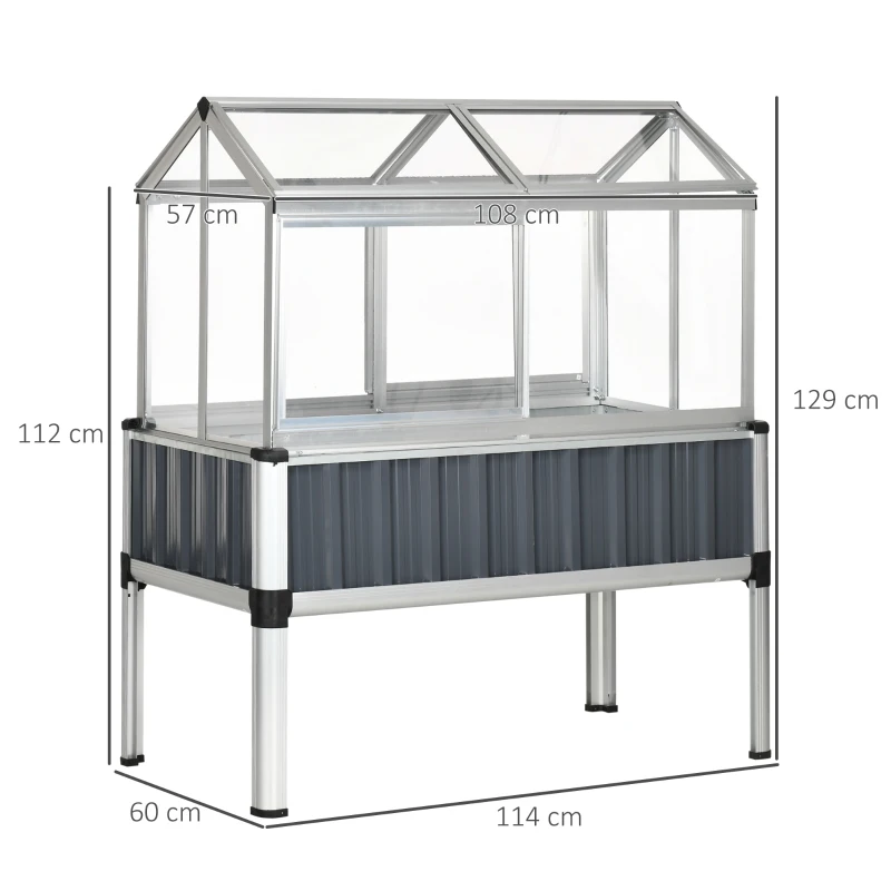 Outsunny verhoogd bed met serre, serre met raam, weerbestendige koelbox voor terras, achtertuin, balkon, donkergrijs, verzinkt staal, 114 x 60 x 129 cm