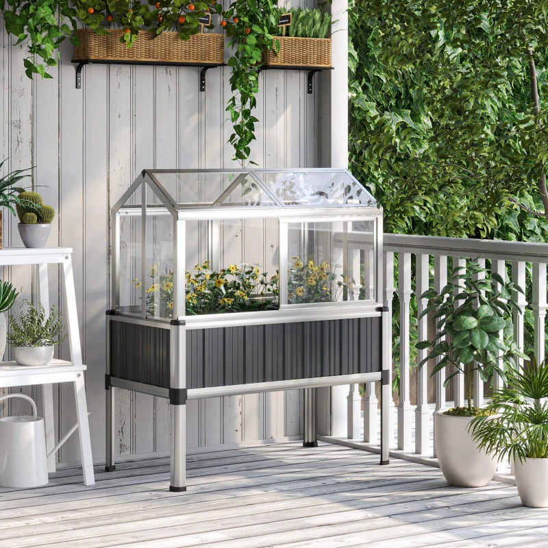 Outsunny verhoogd bed met serre, serre met raam, weerbestendige koelbox voor terras, achtertuin, balkon, donkergrijs, verzinkt staal, 114 x 60 x 129 cm
