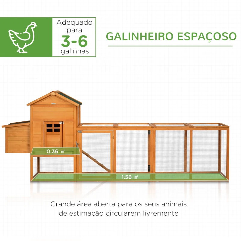 PawHut Galinheiro de Madeira para 3-6 Galinhas com Teto Asfáltico Porta com Trava Bandeja Amovível e Rampa 297,5x68x118cm Madeira