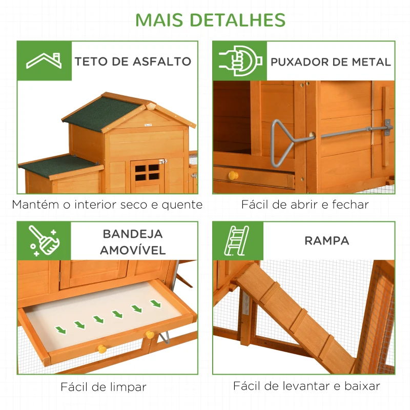 PawHut Galinheiro de Madeira para 3-6 Galinhas com Teto Asfáltico Porta com Trava Bandeja Amovível e Rampa 297,5x68x118cm Madeira