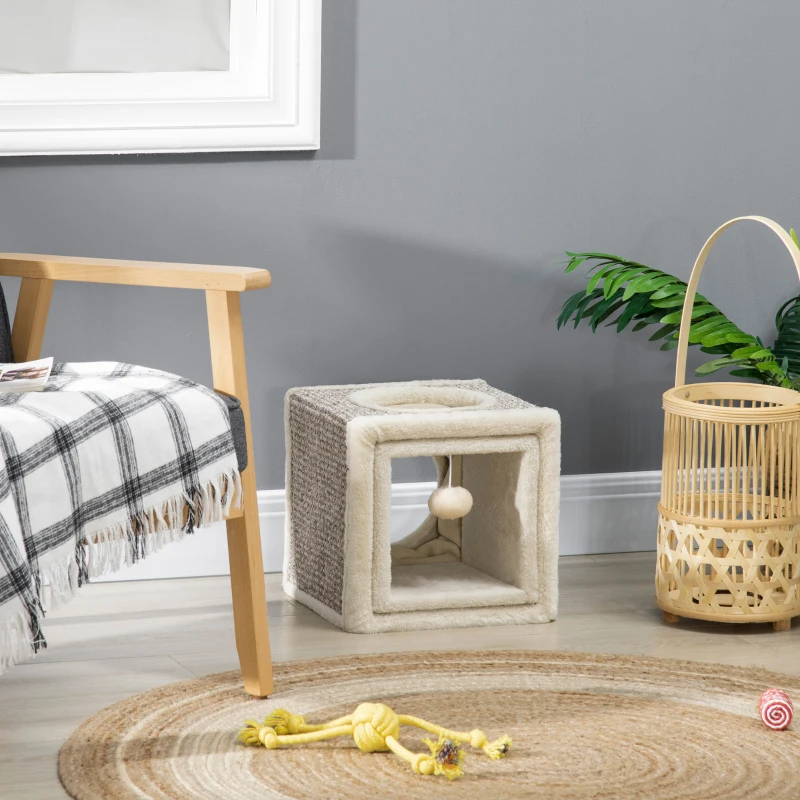 PawHut kattentunnel, 2 kattengrotten, krabvlakken en speelbal, 98 cm x 30 cm x 30 cm, bruin en beige(m-9)