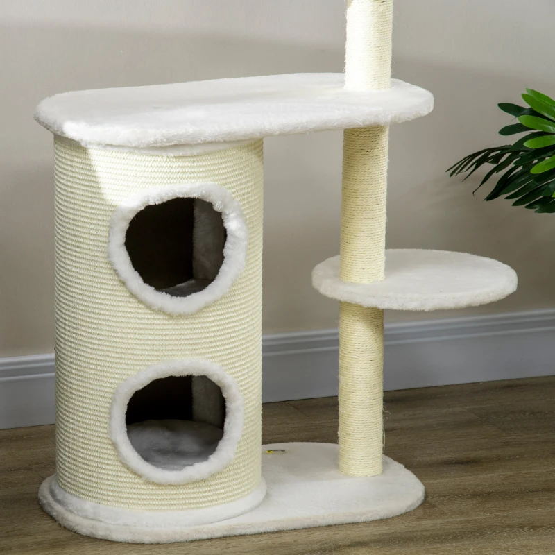 PawHut Krabpaal met Krabton, 1 Kattenbed en Kattenspeelgoed, 59 cm x 35 cm x 100 cm, Crème wit