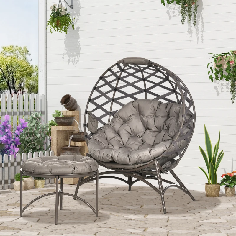 Outsunny 2 delen Tuinstoelenset Rieten Stoel met Opvouwbare Zitmand 2 in 1 Kruk