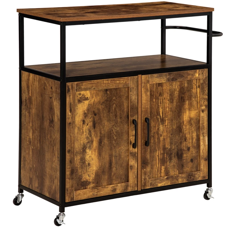 HOMCOM keukenwagen keukentrolley serveerwagen met opklapbaar tafelblad 2 dienbladen en een open plank zwenkwielen verstelbare voetsteunen E1 spaanplaat metaal rustiek bruin 118x36.5x82 cm