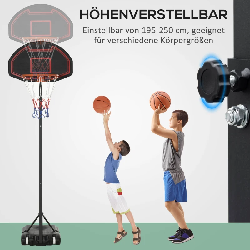 HOMCOM basketbalring, in hoogte verstelbaar, vulbaar onderstel, zeer stabiel, zwart, 131 x 49 x 195-250 cm