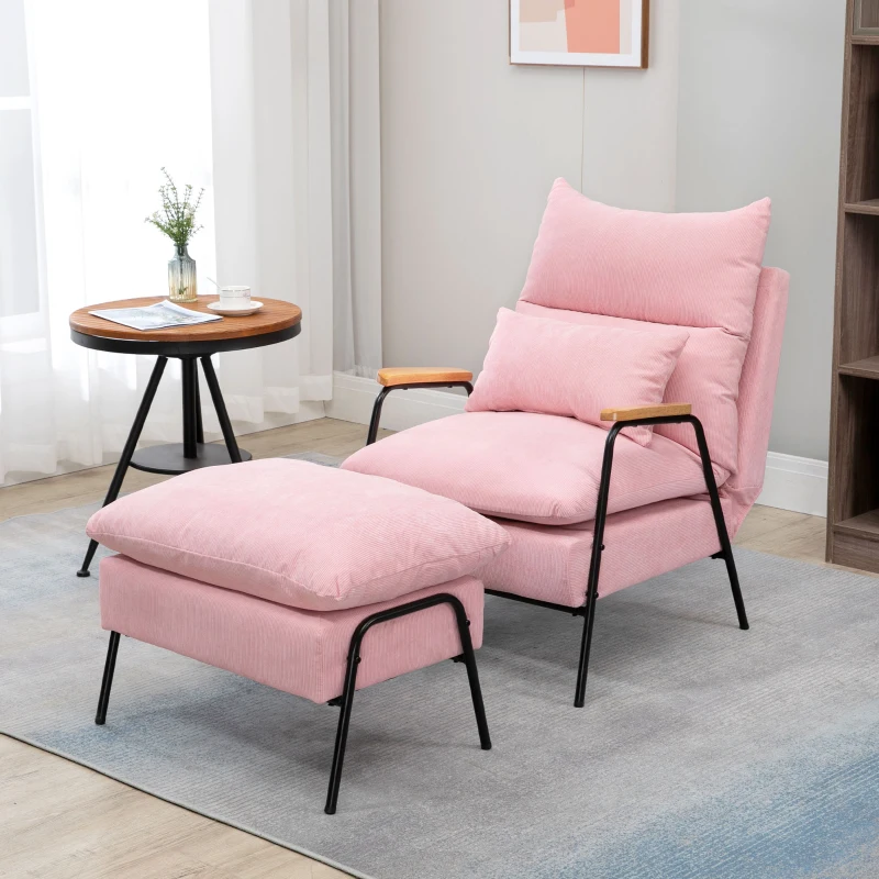 HOMCOM oorfauteuil met kruk, fauteuil met verstelbare rugleuning, roze