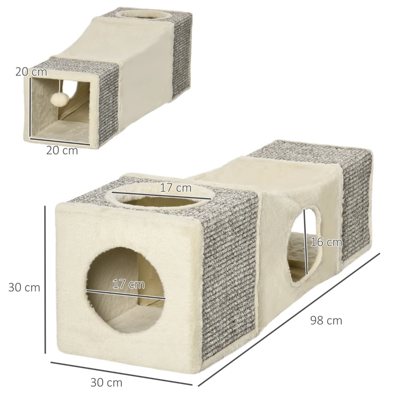 PawHut kattentunnel, 2 kattengrotten, krabvlakken en speelbal, 98 cm x 30 cm x 30 cm, bruin en beige(m-3)