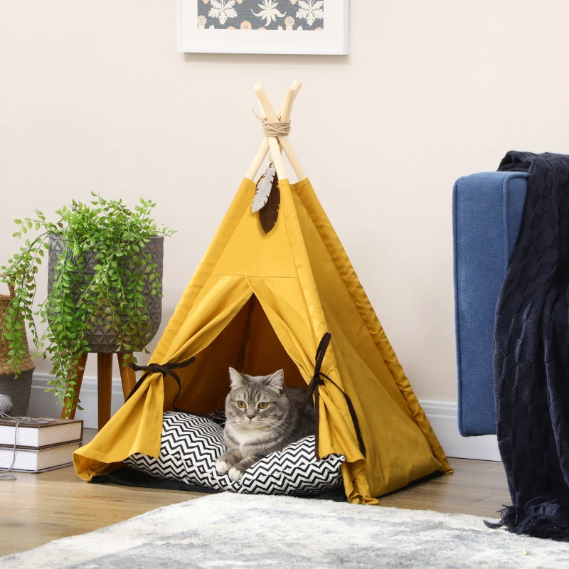 PawHut Kattengrot Kattentent Huisdierbed Tipi Design Kattenhuis Geel