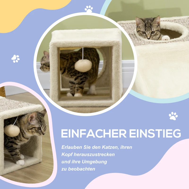 PawHut kattentunnel, 2 kattengrotten, krabvlakken en speelbal, 98 cm x 30 cm x 30 cm, bruin en beige(m-6)