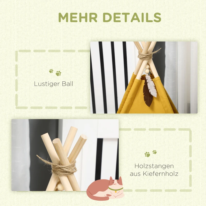 PawHut Kattengrot Kattentent Huisdierbed Tipi Design Kattenhuis Geel