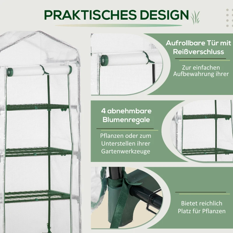 Outsunny Kas met Planken, Weerbestendig, Oprolbare Deur, 70 cm x 50 cm x 160 cm, Wit + Zwart