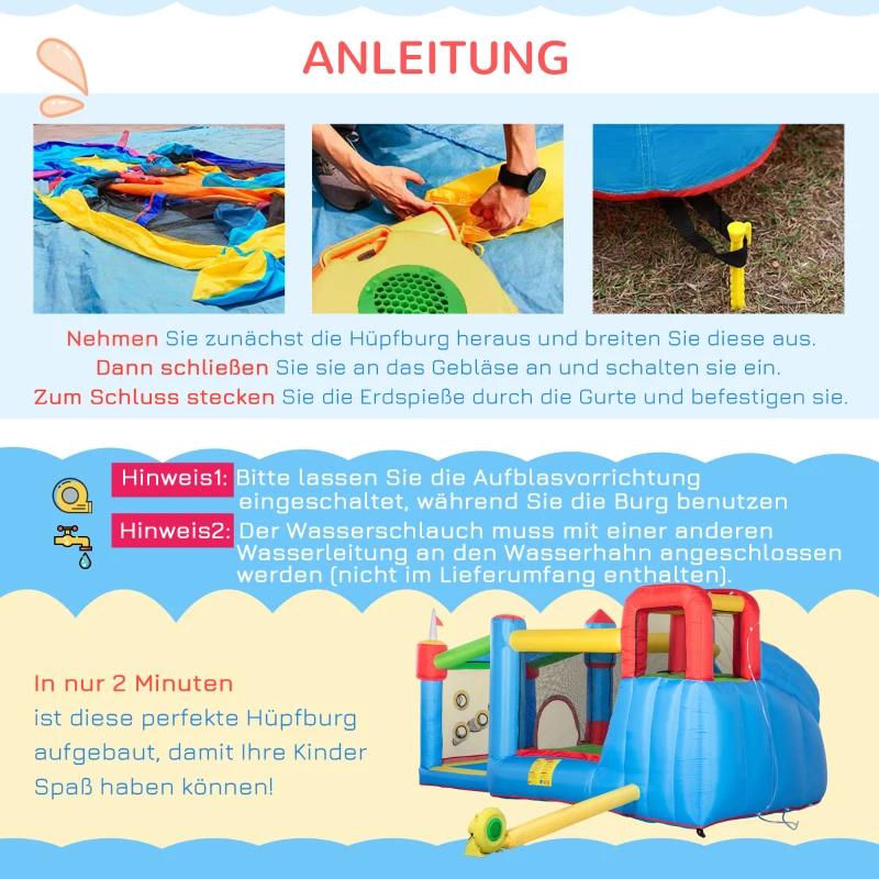 Outsunny springkasteel, opblaasbaar springkasteel, waterpark met waterglijbaan, kleurrijk