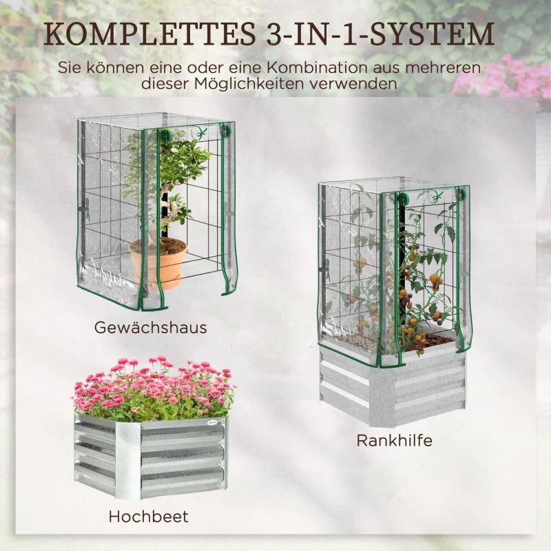 Outsunny verhoogd bed, 3-delige set plantenbak, serre met plastic hoes, hekwerk, bloembak voor klimplanten, voor tuin, terras en balkon, 53 x 53 x 90 cm