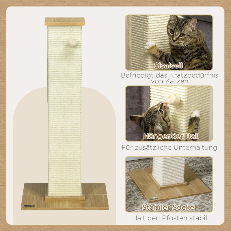PawHut kattenboom, 80 cm, krabpaal voor katten met speelgoedbal, krabpaal van sisaltouw, krabpaal voor katten met krabplank, kattenmeubel, eiken+crèmewit
