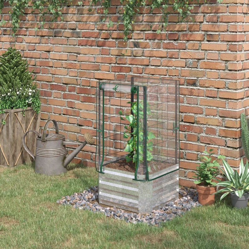 Outsunny verhoogd bed, 3-delige set plantenbak, serre met plastic hoes, hekwerk, bloembak voor klimplanten, voor tuin, terras en balkon, 53 x 53 x 90 cm