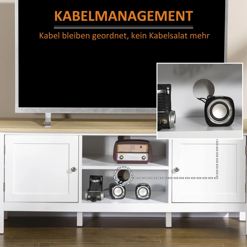 HOMCOM tv-bank, tv-dressoir, twee kasten met deuren, 2 open vakken, wit+naturel, 120 x 35 x 48 cm