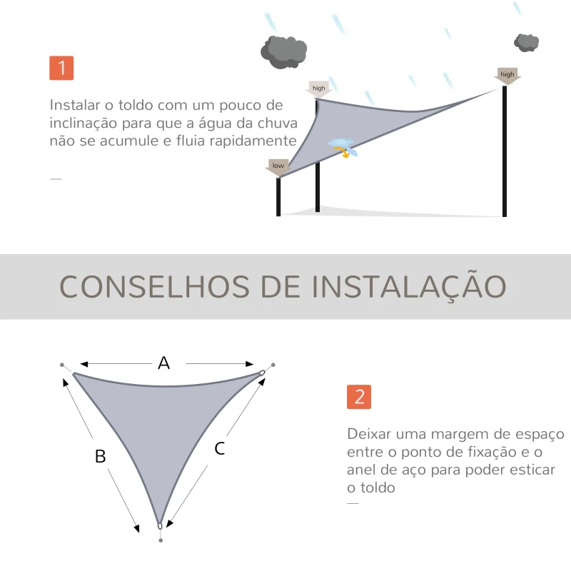 Outsunny Vela de Sombra Triangular 3x3x3 m Toldo Vela de HDPE com Proteção UV Aneis em Forma de D e Cordas para Jardim Pátio Piscina Cinza