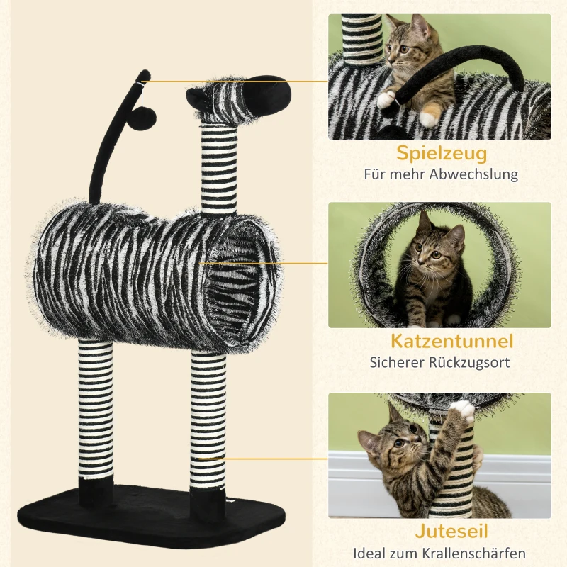 PawHut kattenboom, kattenboom in zebradesign, klimboom met kattentunnel, kattenkrabpaal met jutepaal, speelboom, kattenmeubilair, zwart+wit, 93 cm