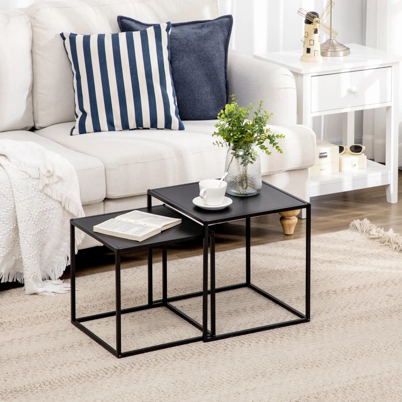 HOMCOM bijzettafel, salontafel, gedekte tafel, set van 2, modern design, stalen frame, zwart, 40 x 40 x 40 cm