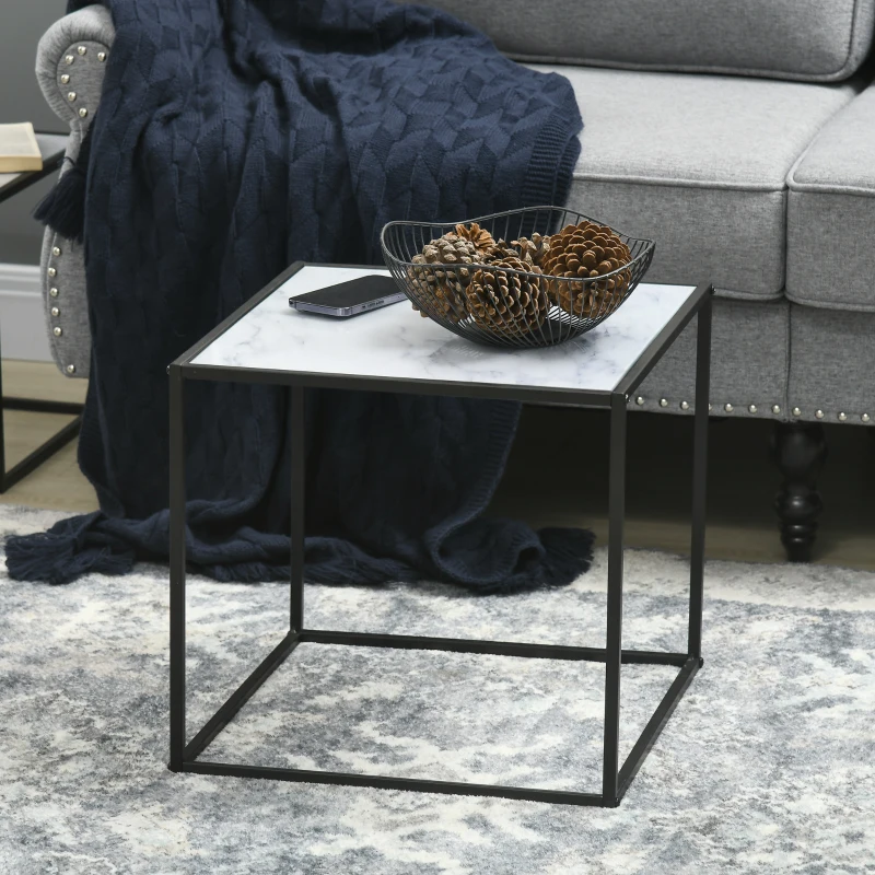 HOMCOM Conjunto de 2 Mesas Auxiliares Empilháveis com Bancada de Vidro Temperado 42,5x42,5x40 cm e 35x35x35,5 cm Mármore e Preto
