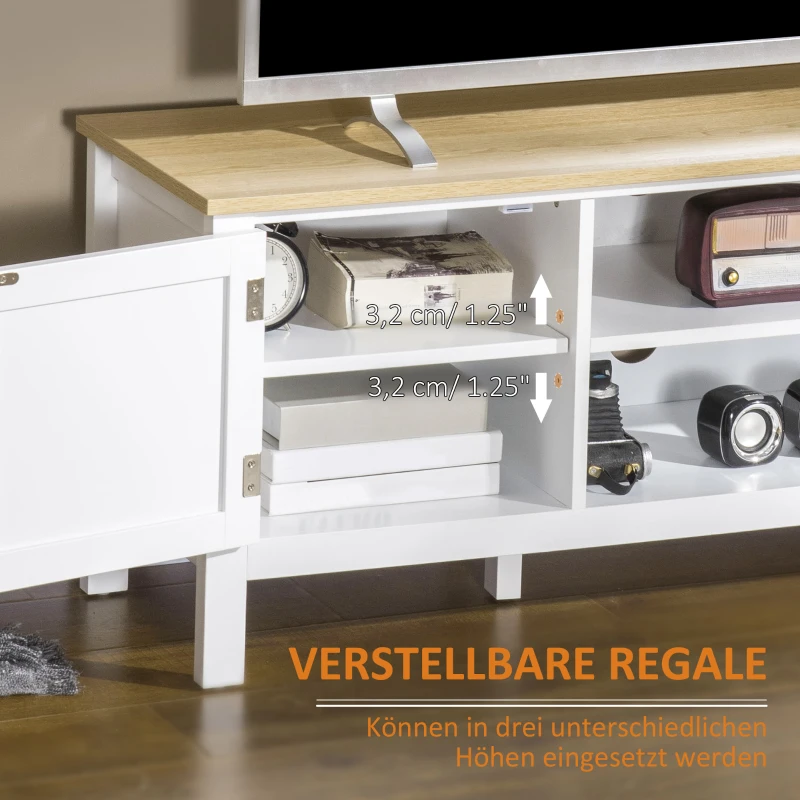 HOMCOM tv-bank, tv-dressoir, twee kasten met deuren, 2 open vakken, wit+naturel, 120 x 35 x 48 cm