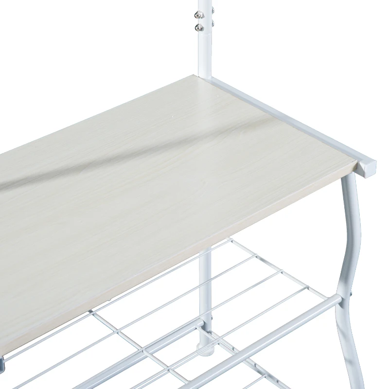 HOMCOM Stand Appendiabiti Attaccapanni per Ingresso Scarpiera a 2 Ripiani 5 Ganci Metallo 60 × 35 × 175cm Bianco e Color Legno