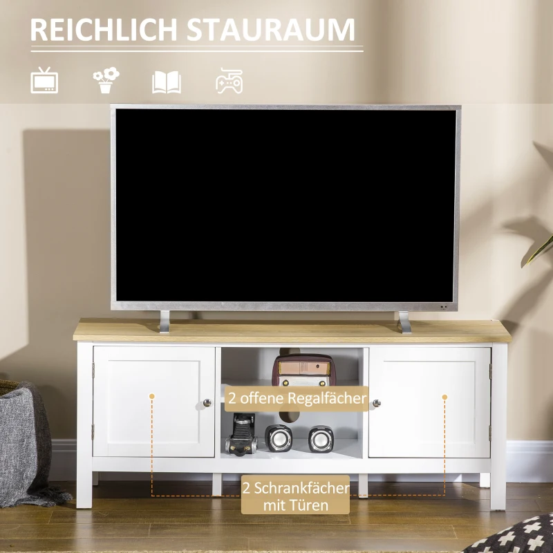 HOMCOM tv-bank, tv-dressoir, twee kasten met deuren, 2 open vakken, wit+naturel, 120 x 35 x 48 cm