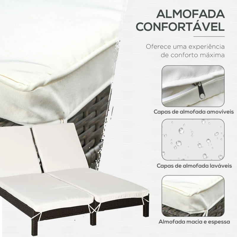Outsunny Conjunto de Espreguiçadeiras Exterior de Vime 2 Lugares com Almofadas Acolchoadas Resistente à Água com Encosto Ajustável em 5 Níveis Suporta 220kg 196x120x28cm Marrom e Branco Creme