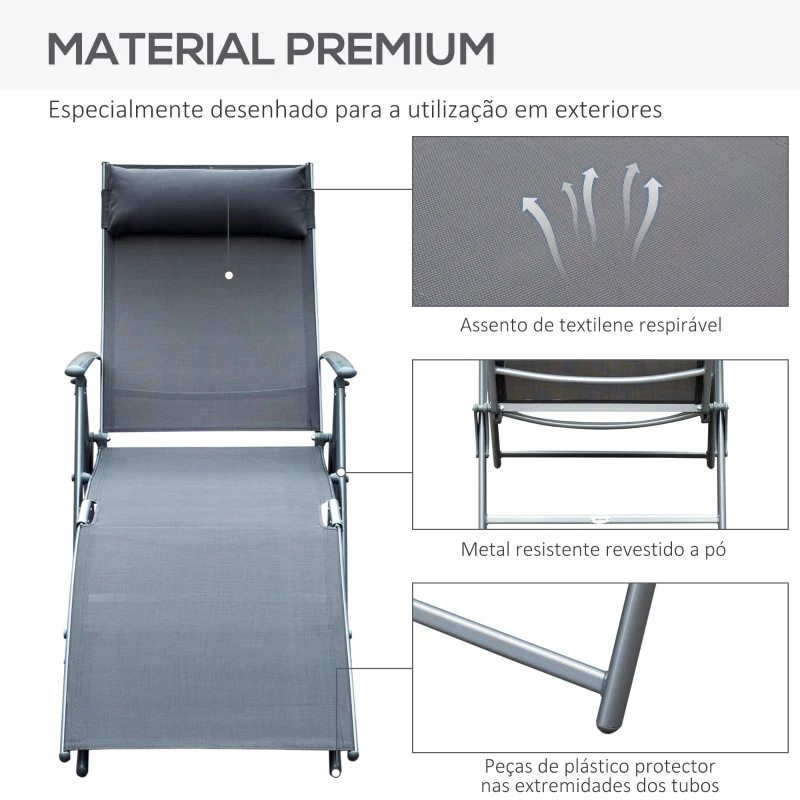 Outsunny Espreguiçadeira Dobrável de Jardim com Encosto Ajustável em 7 Posições Apoio para a Cabeça 137x63,5x100,5cm Cinza