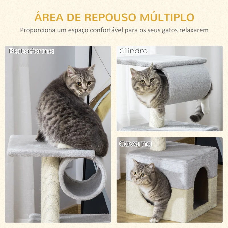PawHut Árvore Arranhador para Gatos com Poste de Sisal Caverna de Pelúcia Suave Plataforma e Cilindro 31x31x58 cm Cinza e Bege
