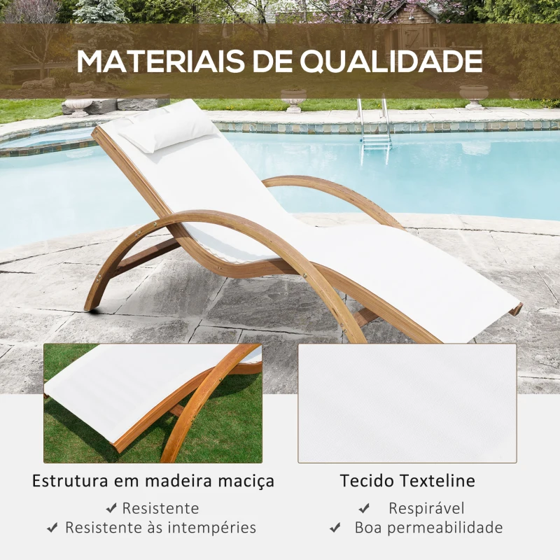 Outsunny Espreguiçadeira Ergonómica Espreguiçadeira com Apoio para a Cabeça Removível para Jardim Pátio Terraço Piscina 161x72x68 cm Marfim e Madeira