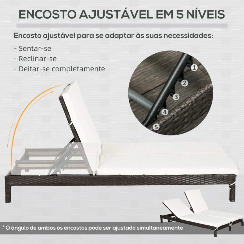 Outsunny Conjunto de Espreguiçadeiras Exterior de Vime 2 Lugares com Almofadas Acolchoadas Resistente à Água com Encosto Ajustável em 5 Níveis Suporta 220kg 196x120x28cm Marrom e Branco Creme