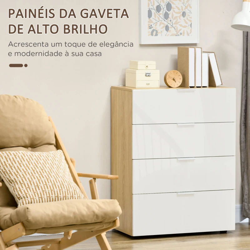 HOMCOM Cómoda com 4 Gavetas de Alto Brilho Cómoda de Madeira de Estilo Moderno 70x35x92 cm Branco e Madeira