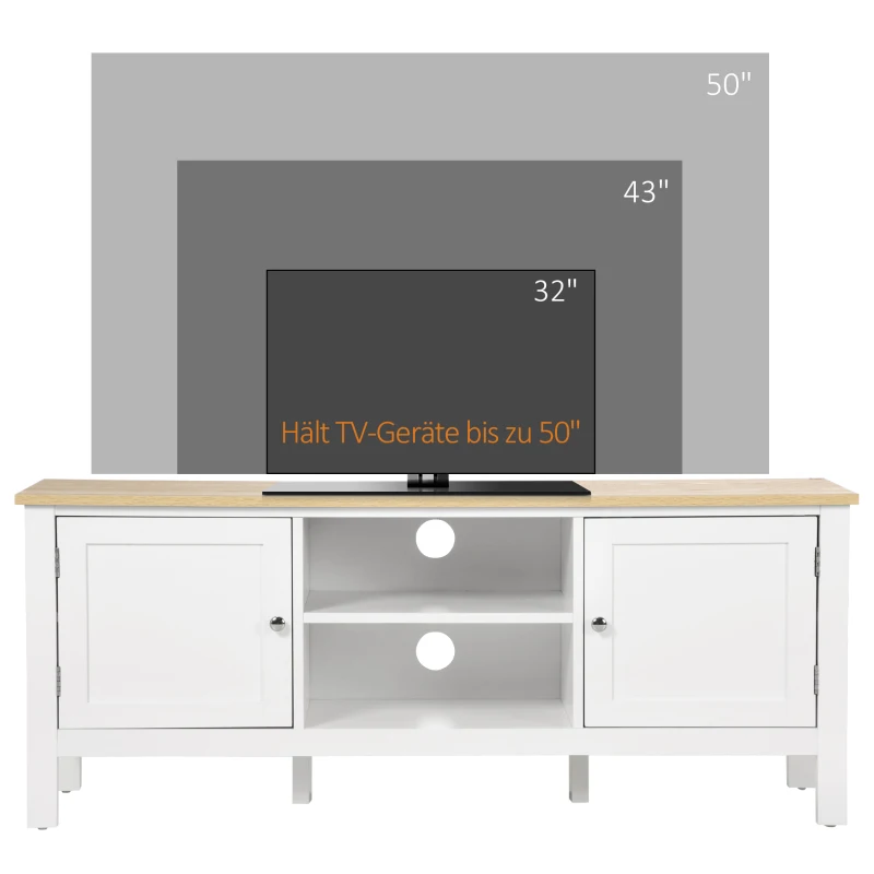 HOMCOM tv-bank, tv-dressoir, twee kasten met deuren, 2 open vakken, wit+naturel, 120 x 35 x 48 cm