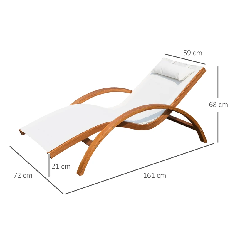 Outsunny Espreguiçadeira Ergonómica Espreguiçadeira com Apoio para a Cabeça Removível para Jardim Pátio Terraço Piscina 161x72x68 cm Marfim e Madeira