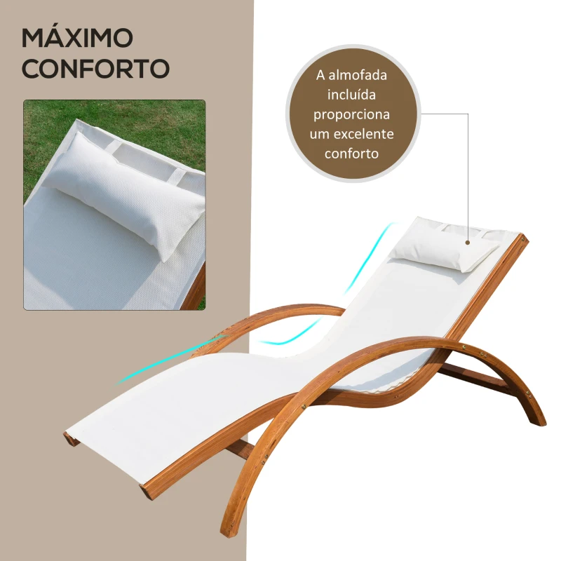 Outsunny Espreguiçadeira Ergonómica Espreguiçadeira com Apoio para a Cabeça Removível para Jardim Pátio Terraço Piscina 161x72x68 cm Marfim e Madeira