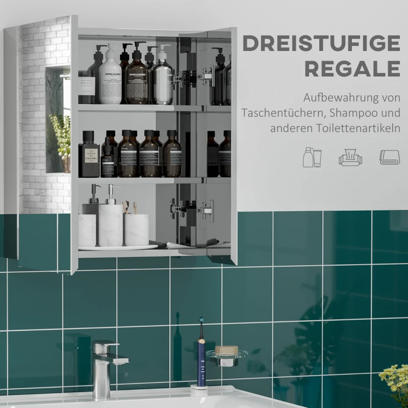 kleankin spiegelkast, badkamerspiegelkast met 3 binnenplanken, dubbele deur, zilver