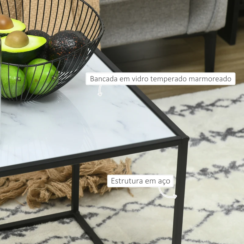 HOMCOM Conjunto de 2 Mesas Auxiliares Empilháveis com Bancada de Vidro Temperado 42,5x42,5x40 cm e 35x35x35,5 cm Mármore e Preto