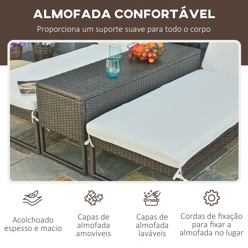 Outsunny Conjunto de 2 espreguiçadeiras de jardim com almofadas acolchoadas de vime com mesa lateral para piscina ou terraço Carga160kg 195x60x86 cm Moldura de aço Creme e Castanho